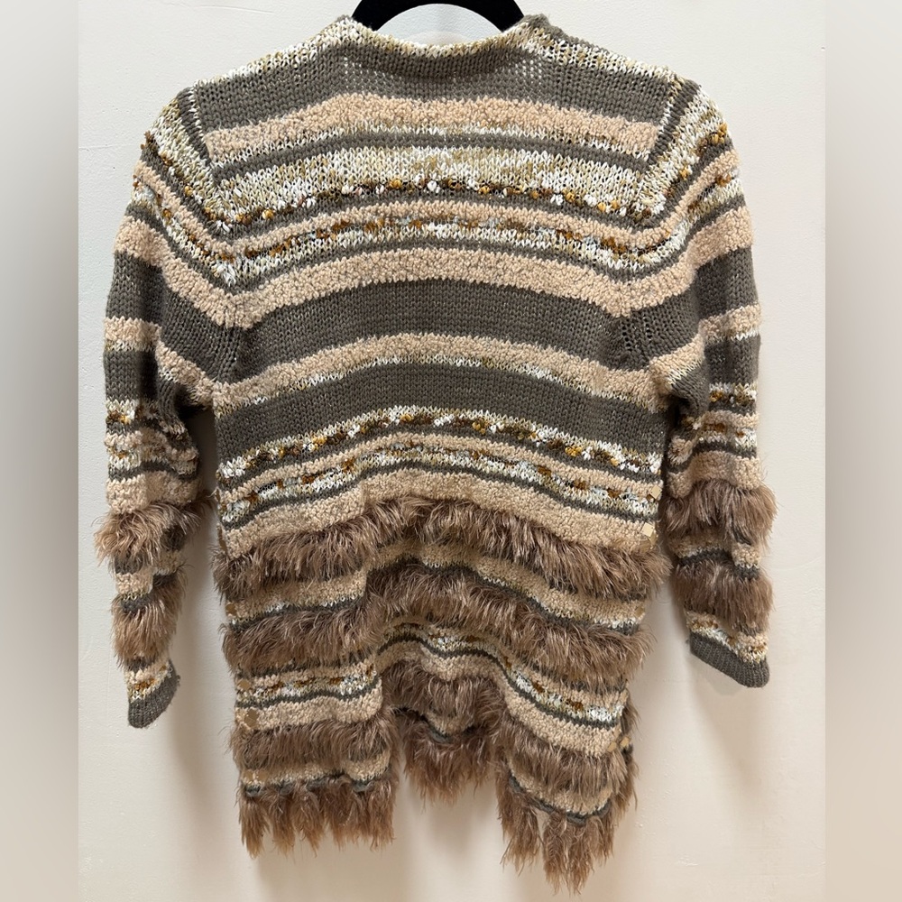 Chicos Open Front Cardigan Sweater Sequin Faux Fur Trim Striped Gold Size 0 - Picture 8 of 11